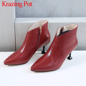 

2018 exclusive design british style zipper beauty girl high strange heels cow leather pointed toe wedding oxford ankle boots L02