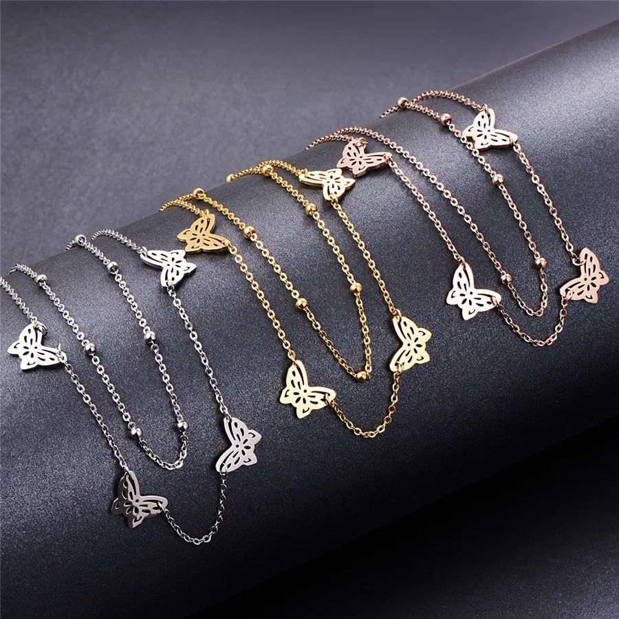 

Martick Gold Color Four Butterfly Design Pendant Necklace Double Link Chain Necklace Fashion Jewelry Top Quality For Girl P120