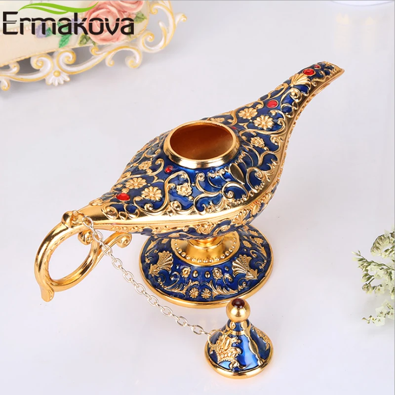 Price ERMAKOVA Large size Colorful Metal Genie Magic Lamp Retro Wishing Oil Lamp Pot Incense Burner Home Decor Collection Souvenir