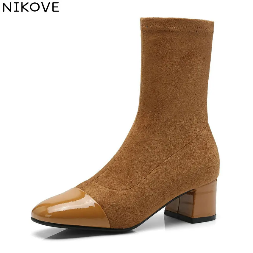 

NIKOVE 2019 Women Flock Square High Heels Boots Mixed Color Kid Suede Mid-calf Boots Spring Autumn Shoes Square Toe Size 34-39