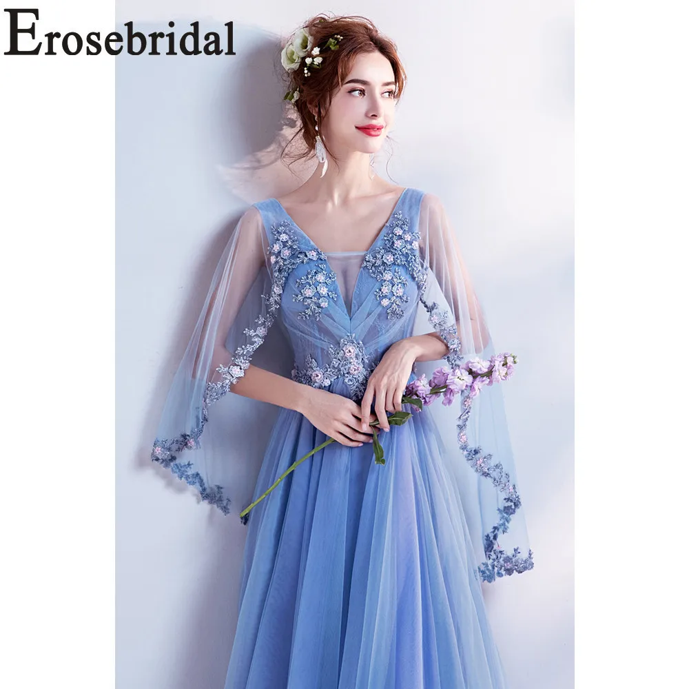 Женское вечернее платье Erosebridal длинное синее с глубоким v образным вырезом