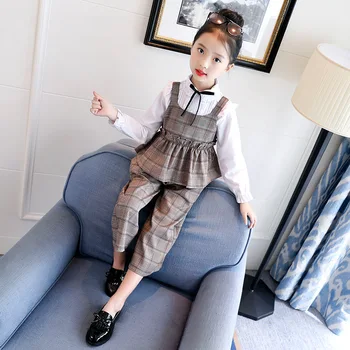 

Girls 'Suit Children's Autumn New Boy Children's Fashion Grid Wide Leg Pants Sets Lattice Veet+pant 2PC Sets 4-12 Ages