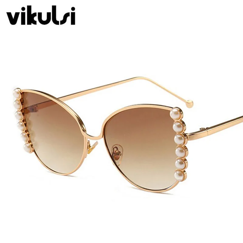 Роскошные кошачий глаз солнцезащитные очки женские модные сплав рамки брендовые дизайнерские жемчужные солнцезащитные очки для женщин градиентные Оттенки UV400 Новые