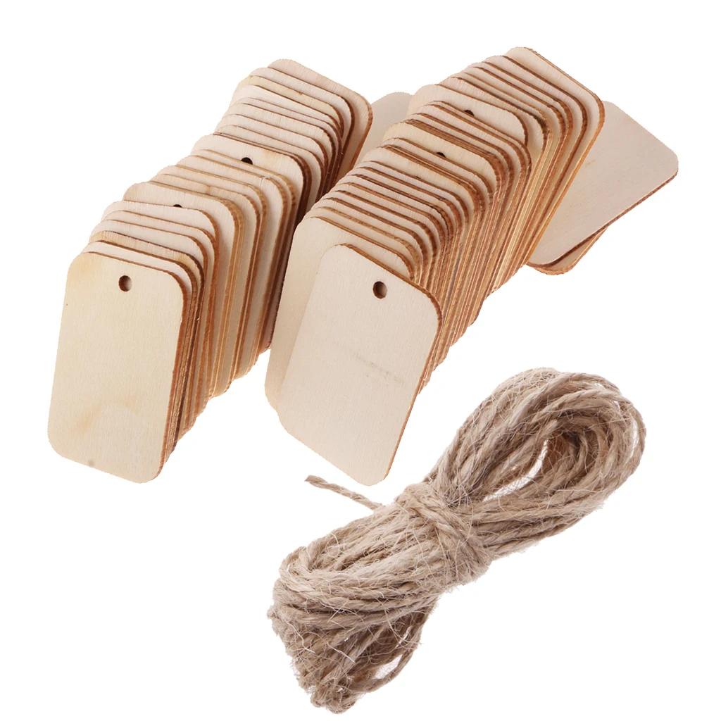 50 Pieces Wooden Rectangle Craft Shape Tag Embellishment for Craft with Rope Unfinished Wood Cutout Chips for Pieces Arts