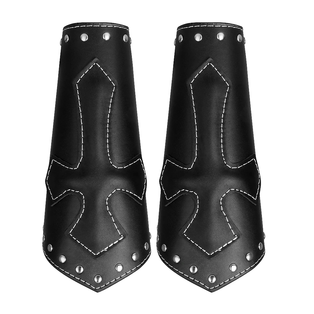 2Pieces Unisex PU Leather Gauntlet Style Wristband Wide Bracer Arm Cuff Bangle with Cross Charms Ethnic Charms - Black