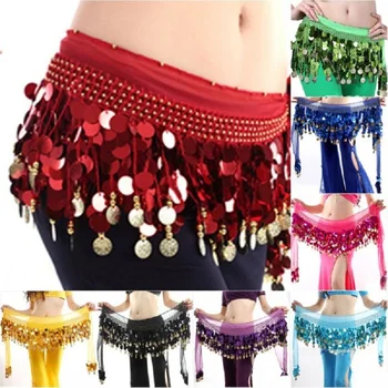 

Women Belly Dancer Costume Hip Scarf Wrap Sequins Belts 58 Coin Chiffon Dance Cummerbunds Multi-Color Dance Wear Skirt Clothes