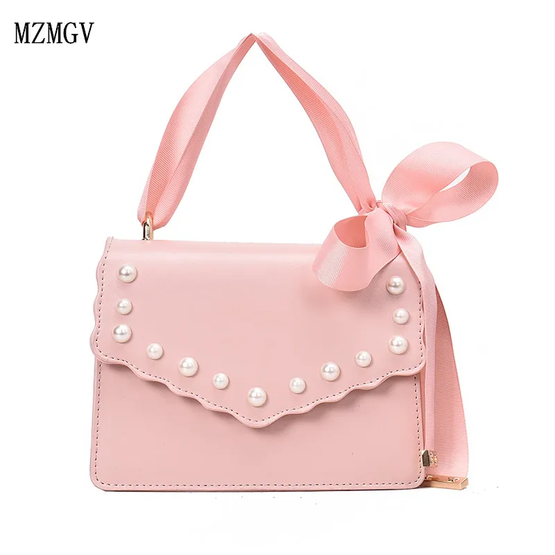

2019 fashion jewelry pearl handbag ladies and women's brand PU leather flip Bolsa Feminina Chic silk scarf pink handbag