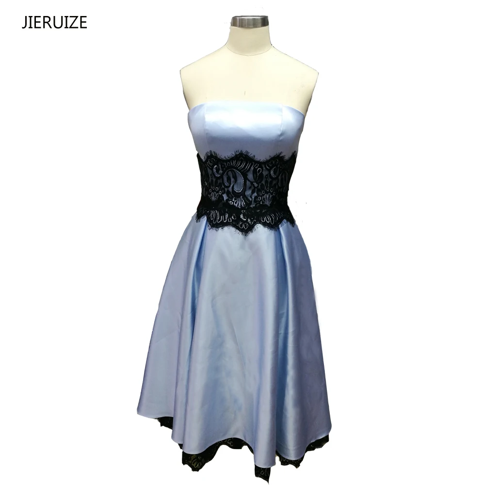 JIERUIZE Light Blue Satin Black Lace Short Prom Dresses Knee Length