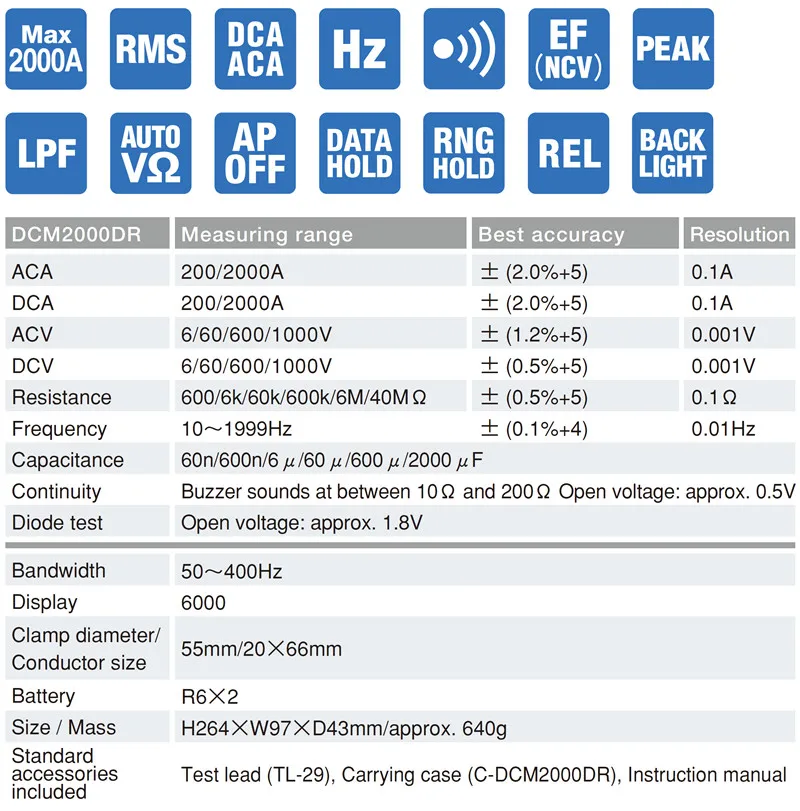 Sanwa DCM2000DR True RMS токовые клещи; DC/амперметр переменного тока, резистор/конденсатор/частота/диод/VFD тесты, двойной дисплей показывает