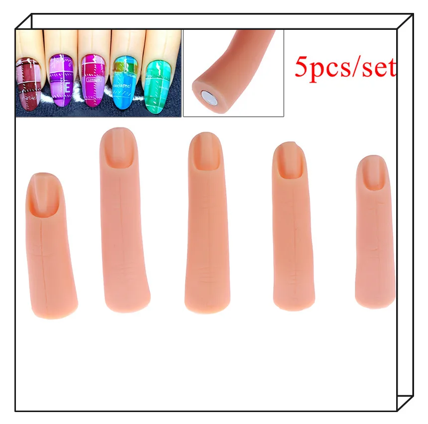 

HOT 5Pcs / Set Nail Art Training Fake Hand Finger Adjustable Finger Manicure Practice Tool Silicone High Quality