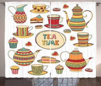 

Tea Party Curtains Tea Time Cartoon Set with Donuts Cake Slices Cupcakes Breakfast Get Together Living Room Bedroom Window Drape