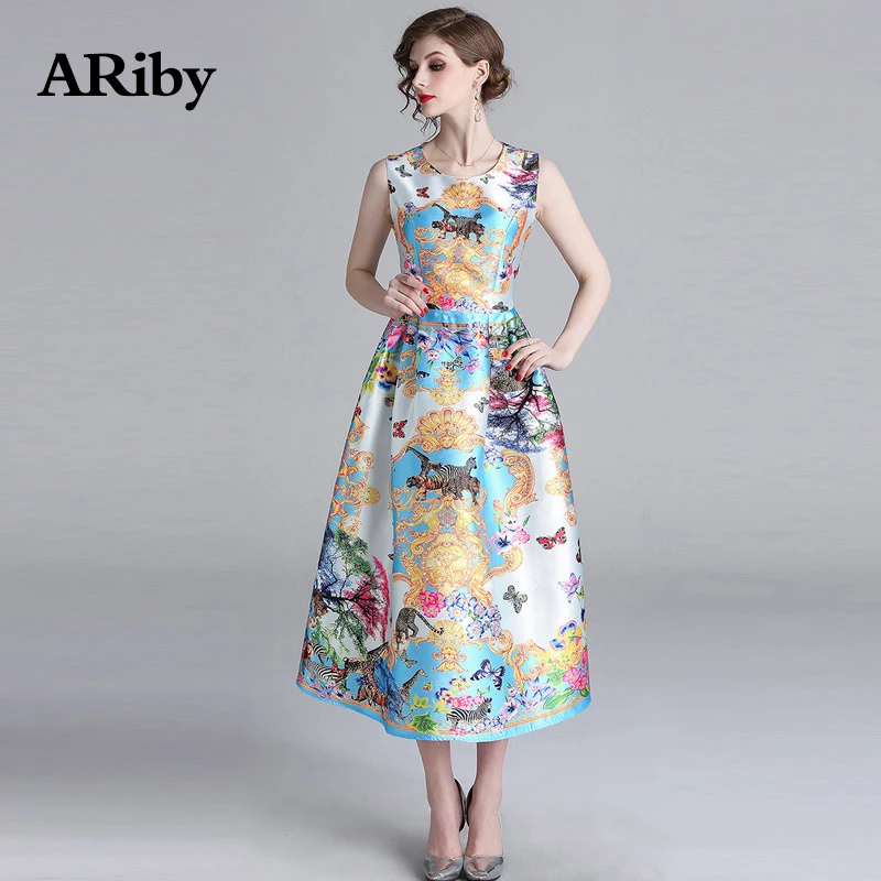 

ARiby Women Dress Printed Long Elegant Dress 2019 Spring Summer New Fashion Lady Temperament O Neck Sleeveless Vest A-Line Dress