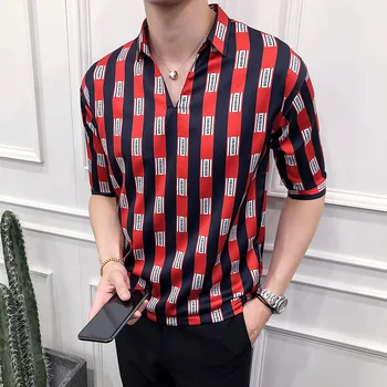 

Loldeal Men's Slim Shirt - Striped Print Standing Collar Striped V Neck