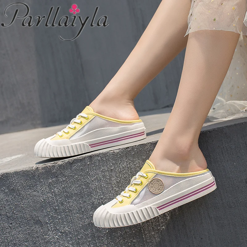 

2019 Flat Women's Slipper Flip Flops Mules Ladies Shoes Feminina Espadrilles Slip-on Mesh fabric Student Beach Slides heel 3cm