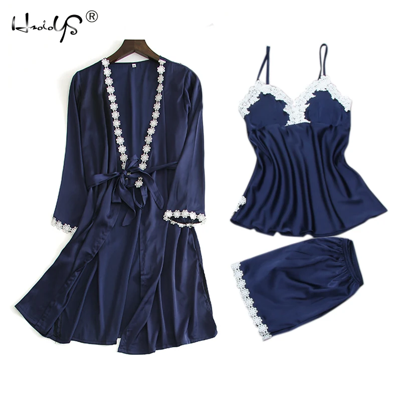 

Casual Pyjamas for Women 2018 Spring Autumn Pajama Suit Lace Sleepwear 3pcs Set Sexy Silk Robe Set Loose Pijamas Mujer Nightwear