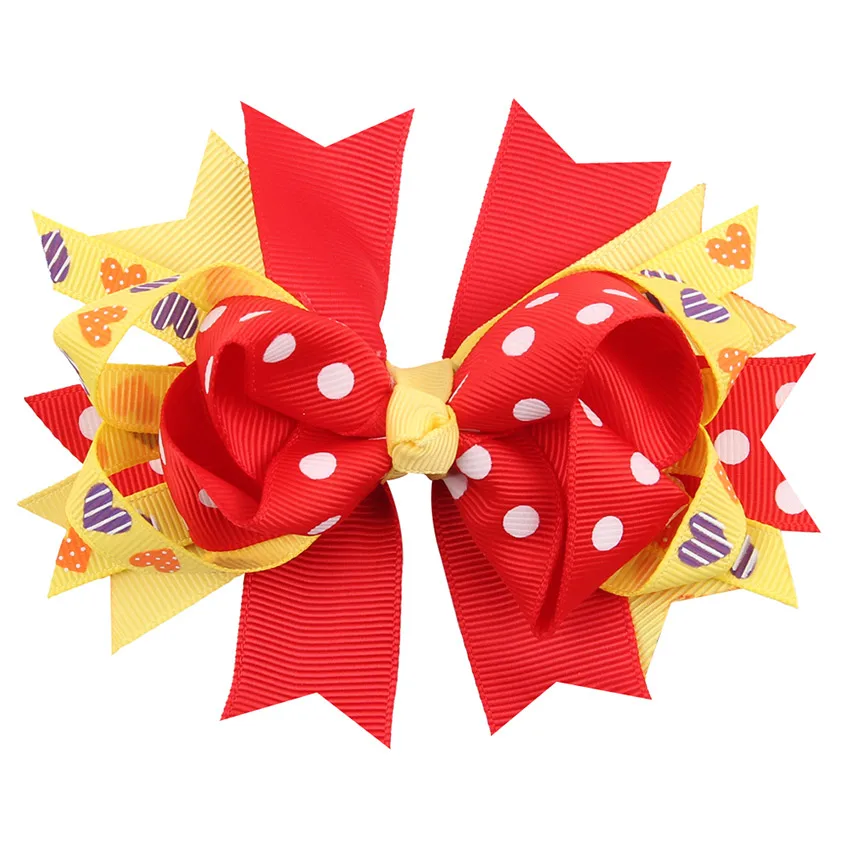 1PCS Big Polka Dots Heart Ladybug Flower Print Ribbon Hair Bow Hairpins For Kid Girls Hair Clip Boutique Hair Accessories DES (7)
