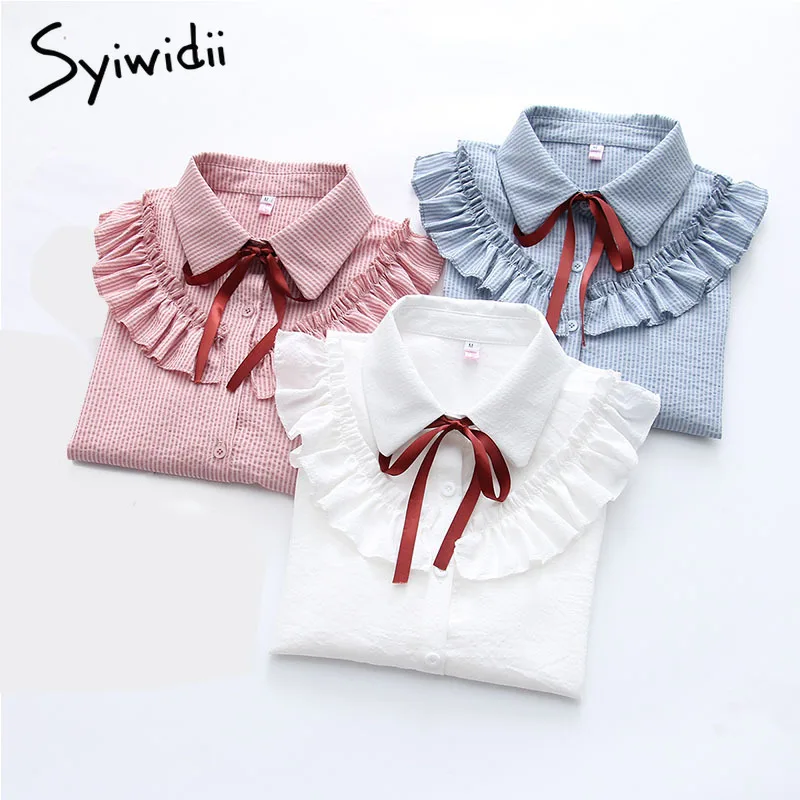 

New Ruffles Women's Shirts Striped White Blouses with Bow Flare Long Sleeve Shirt Women Autumn Chiffon Shirt Blouse Top Female