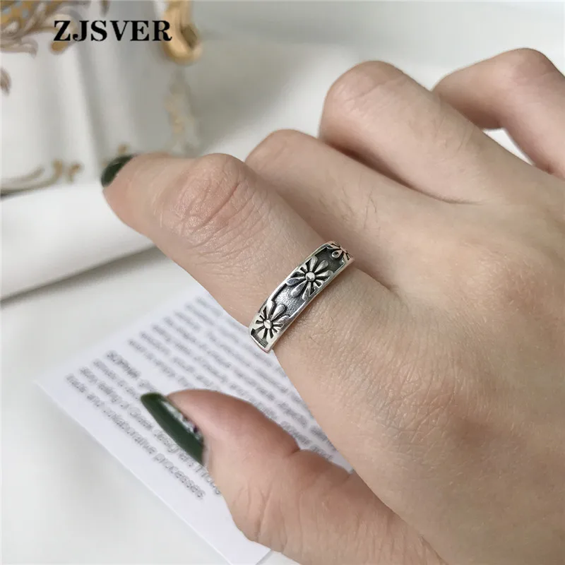 ZJSVER корейский ювелирные изделия кольца из стерлингового серебра 925 Винтаж литературный стиль Защита от Солнца Цветок Регулируемый для