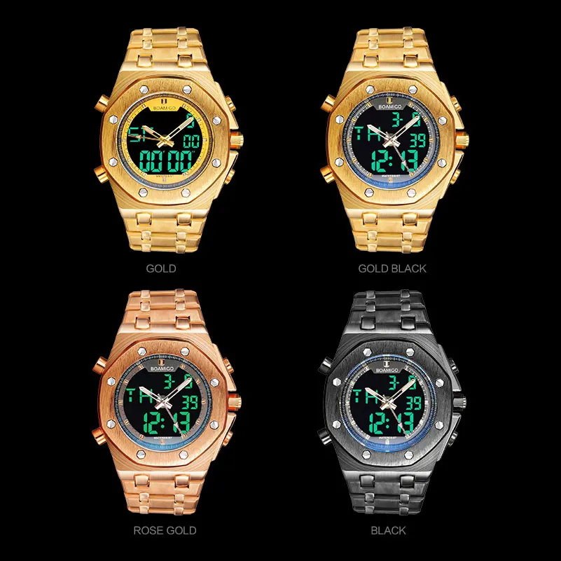 Бренд BOAMIGO, мужские спортивные часы, аналоговые цифровые кварцевые наручные часы, золотые стальные мужские часы в подарок, мужские часы erkek kol saati