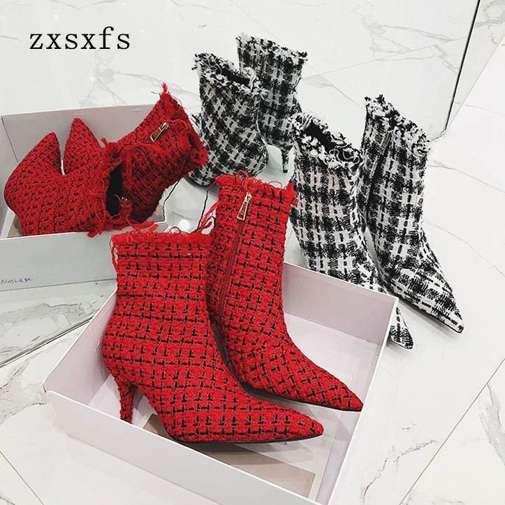 Moda! botines Pied De con tacón alto cuadros y botas De punto para mujer|Botas hasta el tobillo| - AliExpress