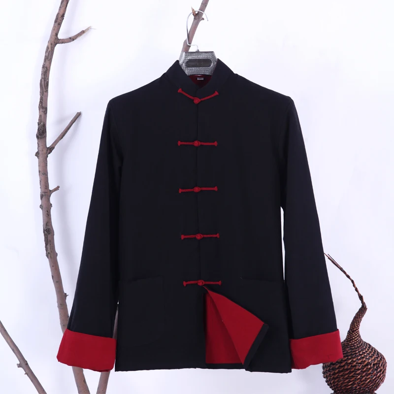 Весна Осень традиционная китайская одежда для мужчин топы с длинным рукавом двухсторонний хлопок Кунг фу Тан костюм рубашка воротник стойка XXXXL