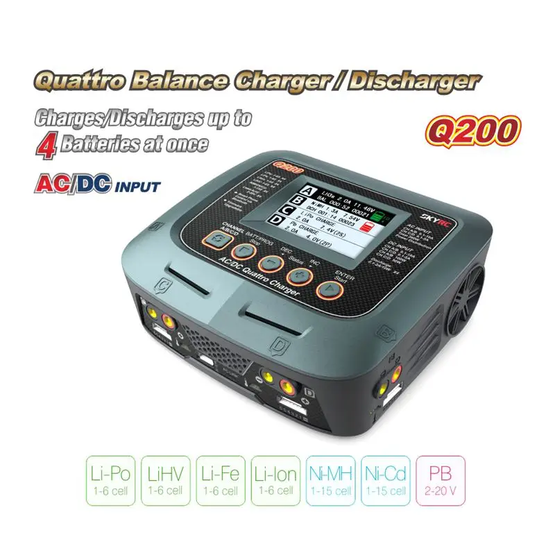 

SkyRC Q200 Quattro Battery Balance charger AC/DC 2X100W 2X50W 10A 1-6s for RC batteries