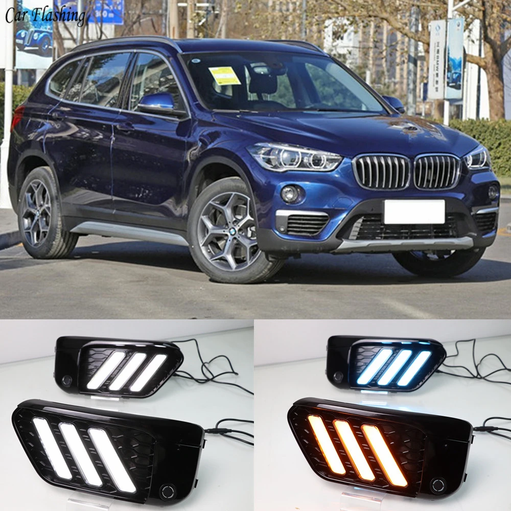 2 шт. светодиодный DRL Дневной светильник s Для BMW X1 F48 F49 с желтым сигналом поворота и синий ночной Светильник