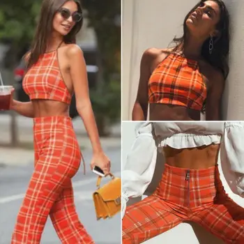 

Fashion 2PCS Women Sleeveless Plaid Crop Top Blouse Pants Casual Two-piece Playsuit Bodysuit Jumpsuit Romper Set