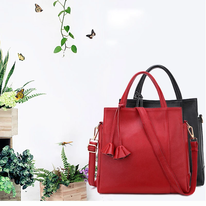 

European Style Genuine Leather Solid Color Lady Top-handle Bag Casual Fashion Zipper Messenger Bag Female Large Capacity Handbag