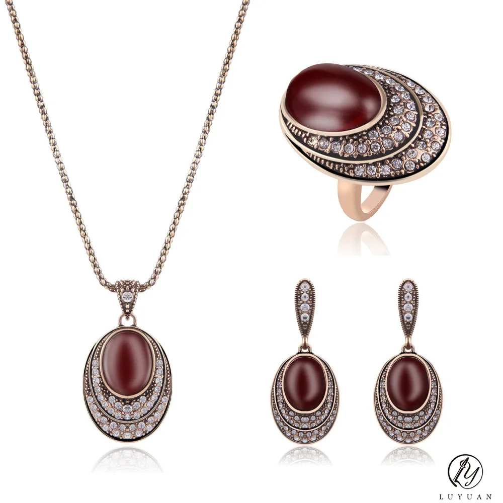 Vintage Bridal Jewelry Sets For Women Full Rhinestone Crystal Big Oval Red Resin Stone Pendant Necklace