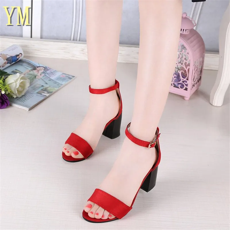 

2018 Summer Red Hollow Women Pumps Sandals Thick High Heel Ankle Strap Sandalias Mujer Fashion Sandal Female Party Shoes 35-40