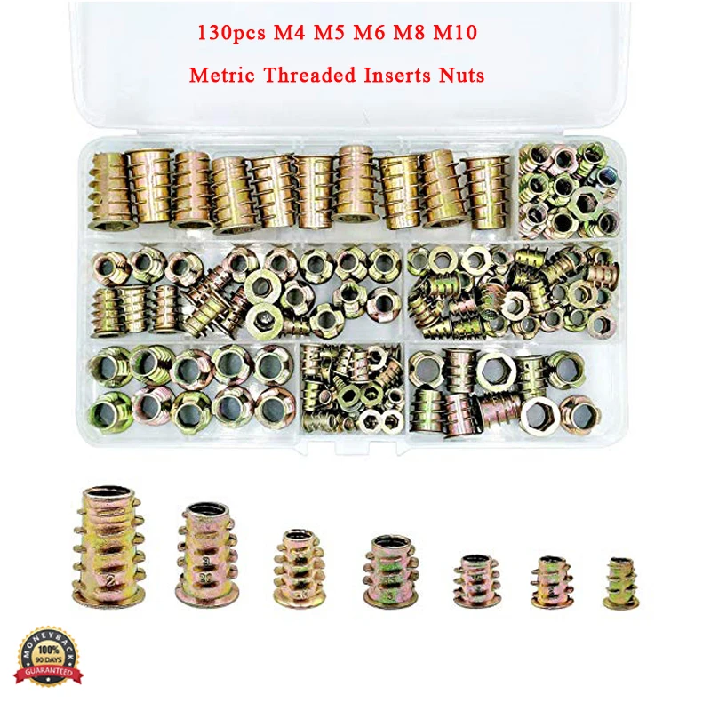 130pcs Furniture Screw-in Nut Zinc Alloy Bolt Fastener Connector Hex Socket Drive Threaded Insert Nuts For Wood Furniture Assort