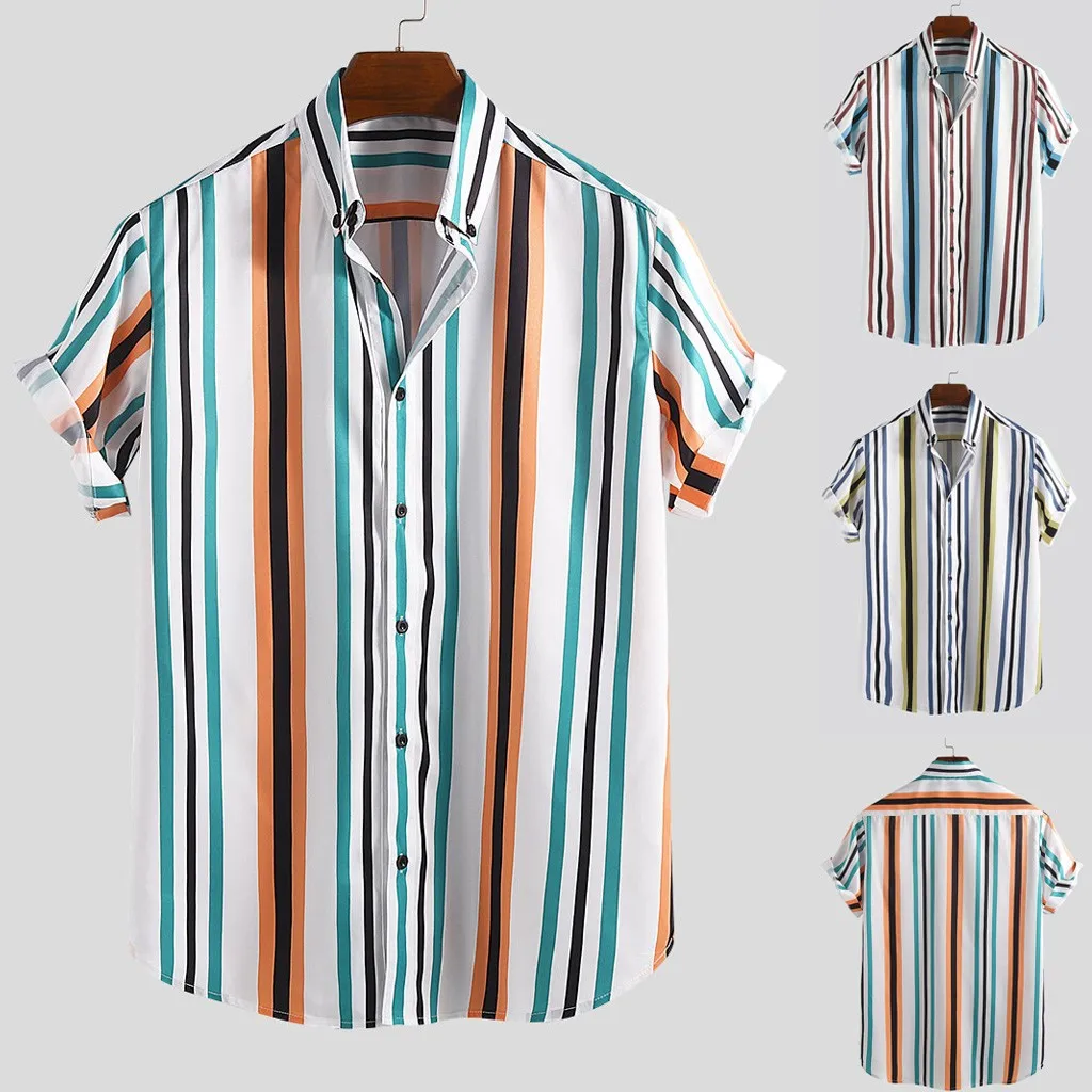 

shirt men streetwear chemise homme summer men Breathable Striped Turn Down Collar Short Sleeve Loose Casual Shirts T529