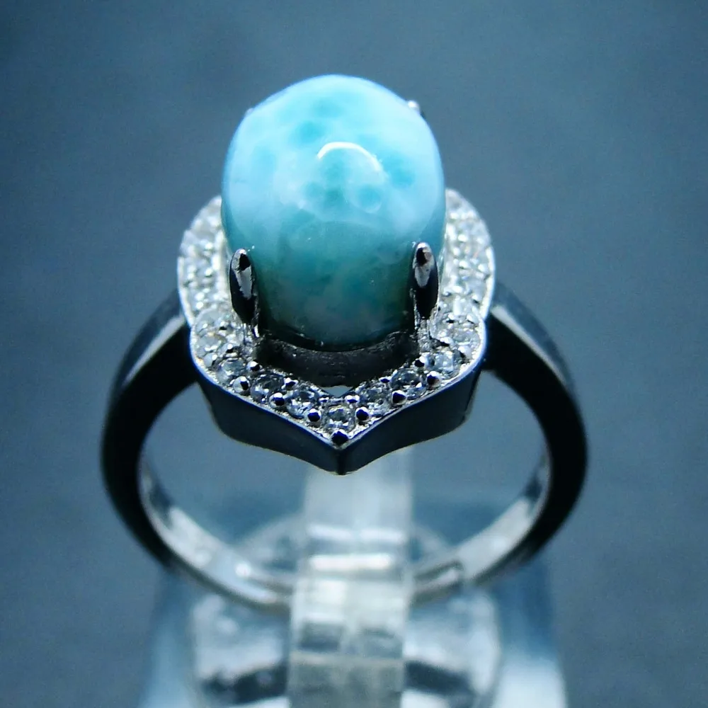 Genuine Larimar Female Rings 8X10MM Blue Crystal Stone Fine 925 Sterling Silver Jewelry Rings Ocean Stone Gemstone Ring Band