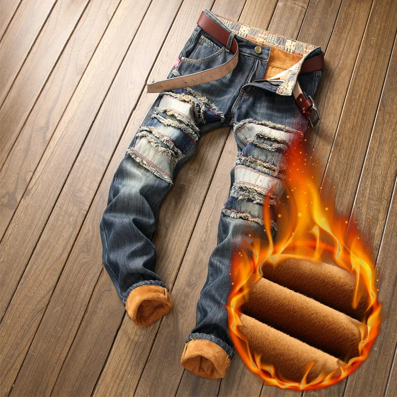 Джинсовые дизайнерские джинсы с дырками, высокое качество, рваные джинсы для мужчин, размер 28-38, 40, Осень-зима, плюс бархатная уличная одежда в стиле хип-хоп, панк