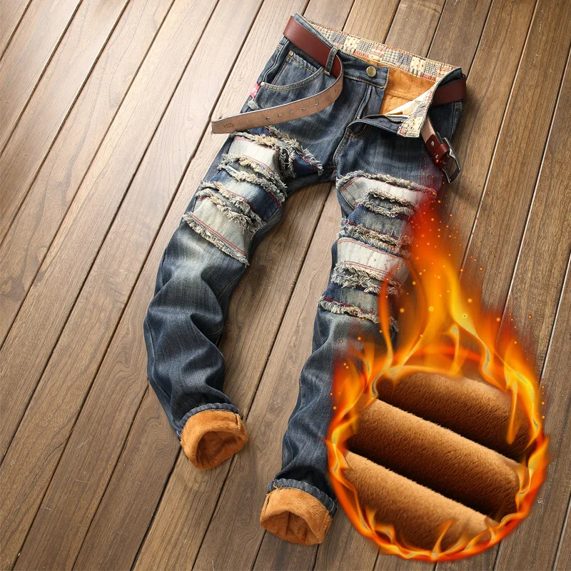 Denim Designer Hole Jeans High Quality Ripped for Men Size 28-38 40 2019 Autumn Winter Plus Velvet HIP HOP Punk Streetwear Denim Designer Hole Jeans High Quality Ripped for Men Size 28-38 40 2019 Autumn Winter Plus Velvet HIP HOP Punk Streetwear