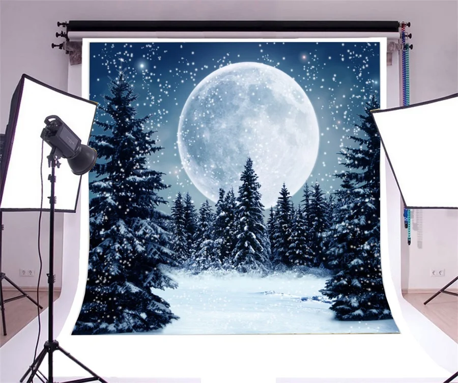 Laeacco Winter Snow Moon Night Forest Scene Baby Children Photography Backgrounds Custom Photographic Backdrops For Photo Studio