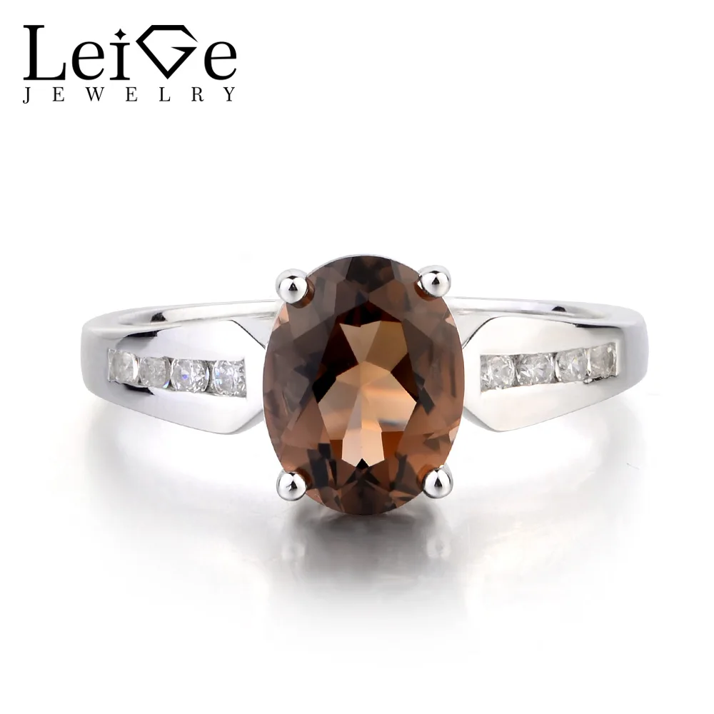 Leige Jewelry Oval Cut Brown Gemstone Ring Natural Smoky Quartz Ring