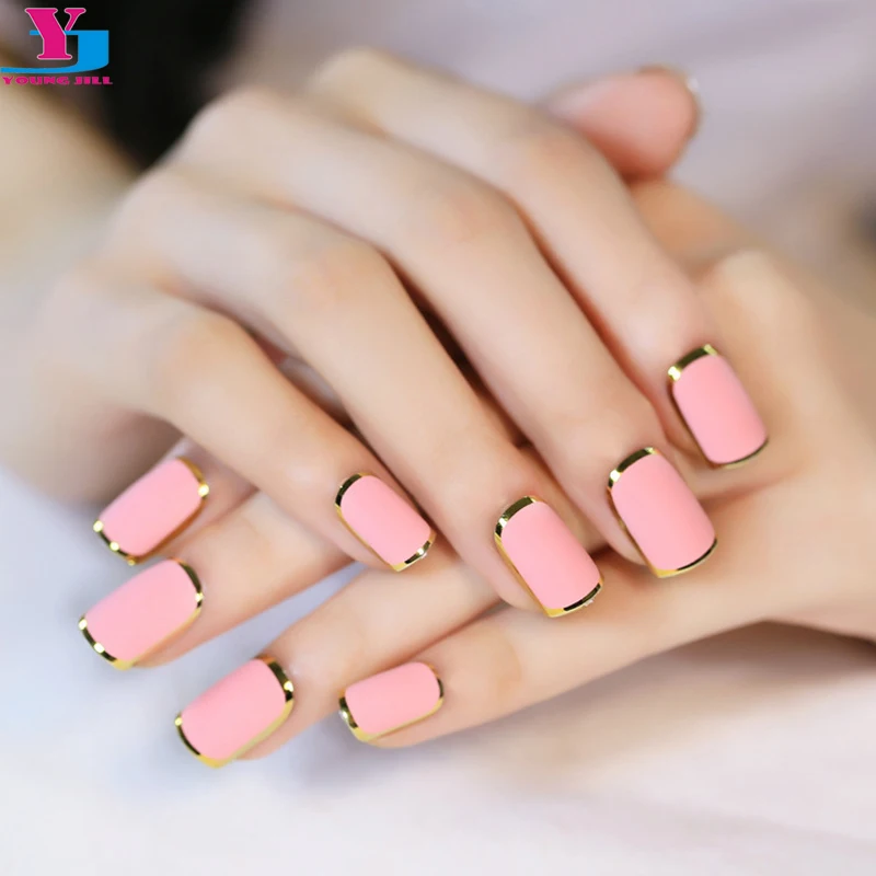 

24Pcs/set Pink Matte Metallic Nail Tips Acrylic False Nail Full Cover Frosted False French Nail Art Tips Free Glue High Quality