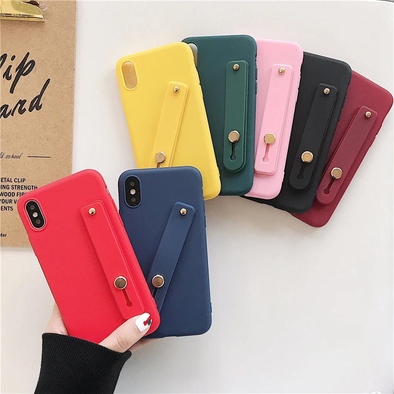 Simple Matte Candy Wrist Strap Hand Band silicone case for iPhone 6 6s 7 8 Plus X Xr Xs Max Back Phone Stand Ring Protect Cover