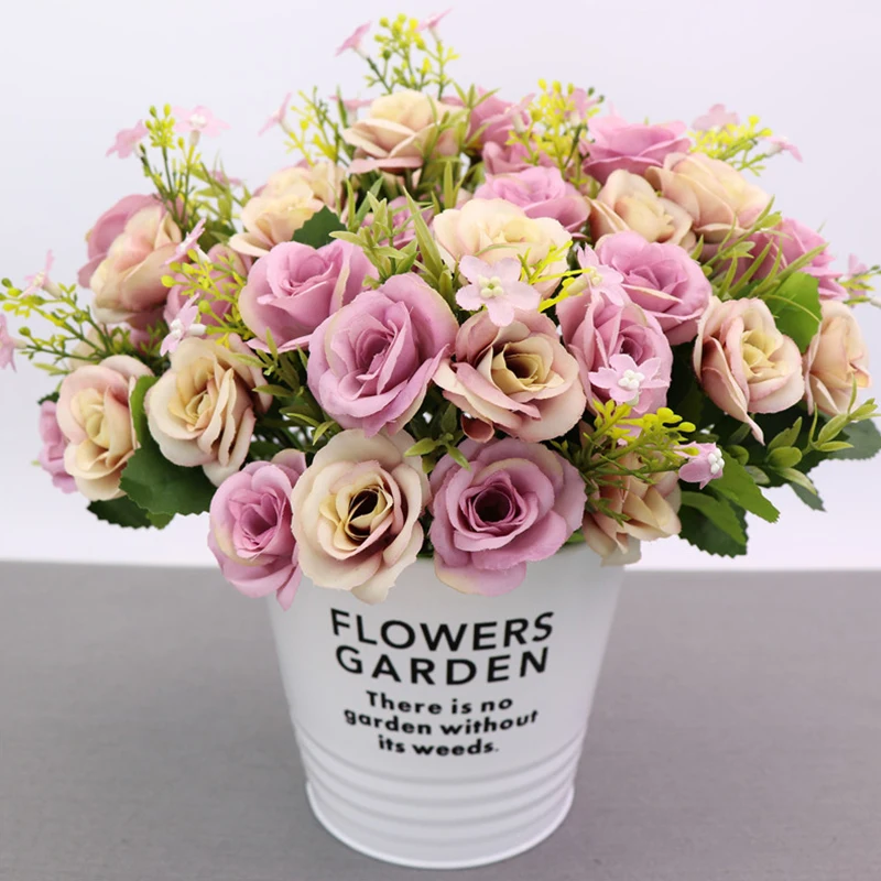 10 голов/букет искусственных цветов маленький бутон шелковая Роза имитация цветов зеленые листья ваза для дома украшение сада для свадьбы