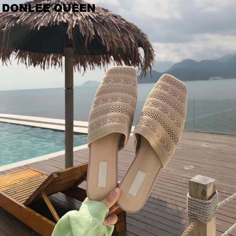

Women Slippers Slip On Slides Fashion Stretch Fabric Mule Shoes Breathable stretch knit Flat Shoes sandalias mujer 2019 Slipper