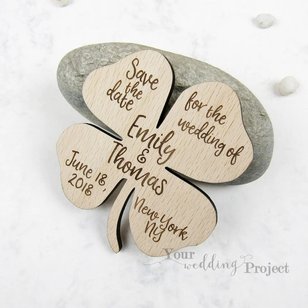 

Four-leaf clover Save the date, Personlize wedding favors, Wooden save the date,rustic wood favors, wedding gifts for guests