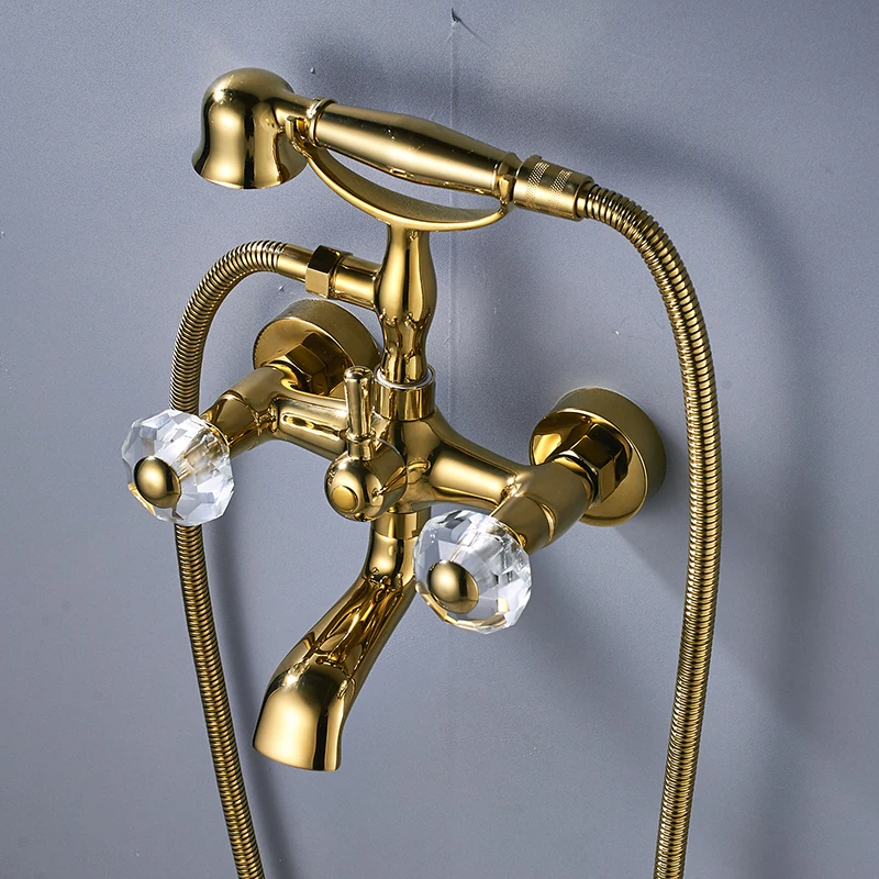 Настенные краны золотой двойной контролируемый кран для ванной костюм холодный и горячий Керамический клапан ручной душ смеситель