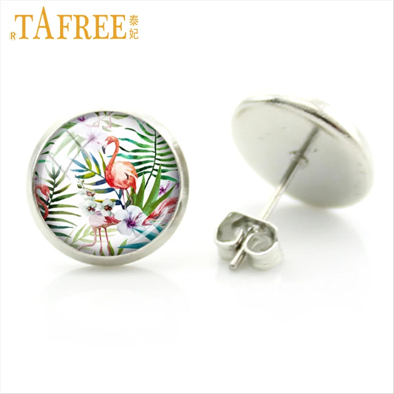 

TAFREE Flower Flamingo stud earrings Tall blond and pink-complexioned round dome glass for women mass effect jewlery H534