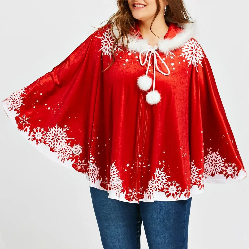 

2018 Christmas Women's Capes Snowflake Print Cloak Matching Cape Coat Fur Hooded Ladies Oversize Ponchos Jacket
