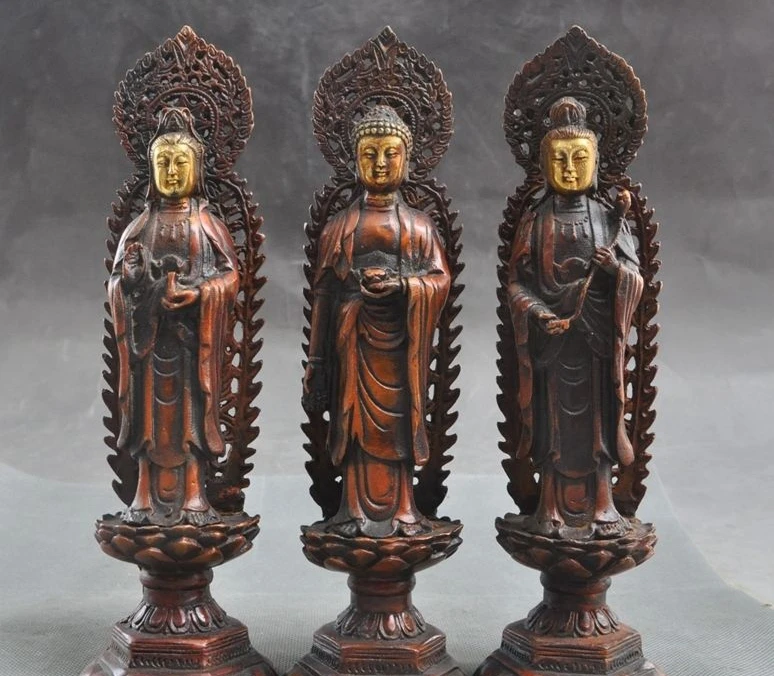 

8" Tibet buddhism bronze gilt Sakyamuni Kwan-yin Bodhisattva 3 God Buddha statue