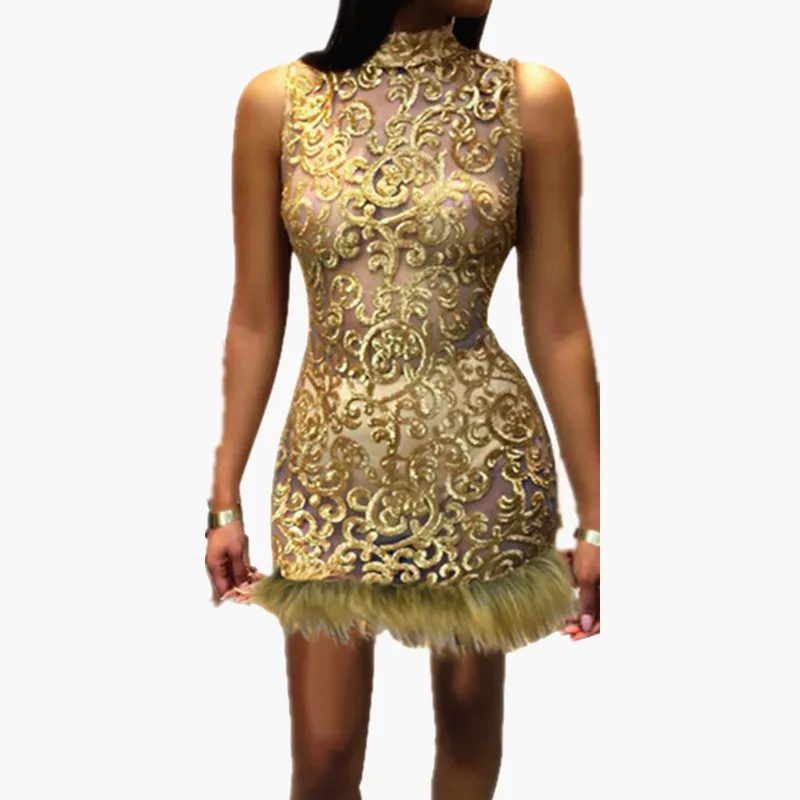 

CHICKEN TOE 2019 new see through Tight dress Women Hot Sequins Fluff Sexy dress Nightclub dresses
