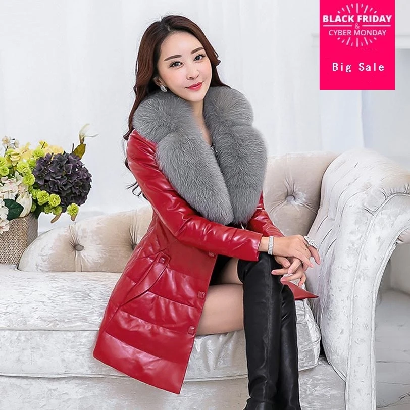 

2017 Winter women Long duck Down cotton pu jacket thicken warm collar Single Breasted snow parka Warm for cold weather w1486