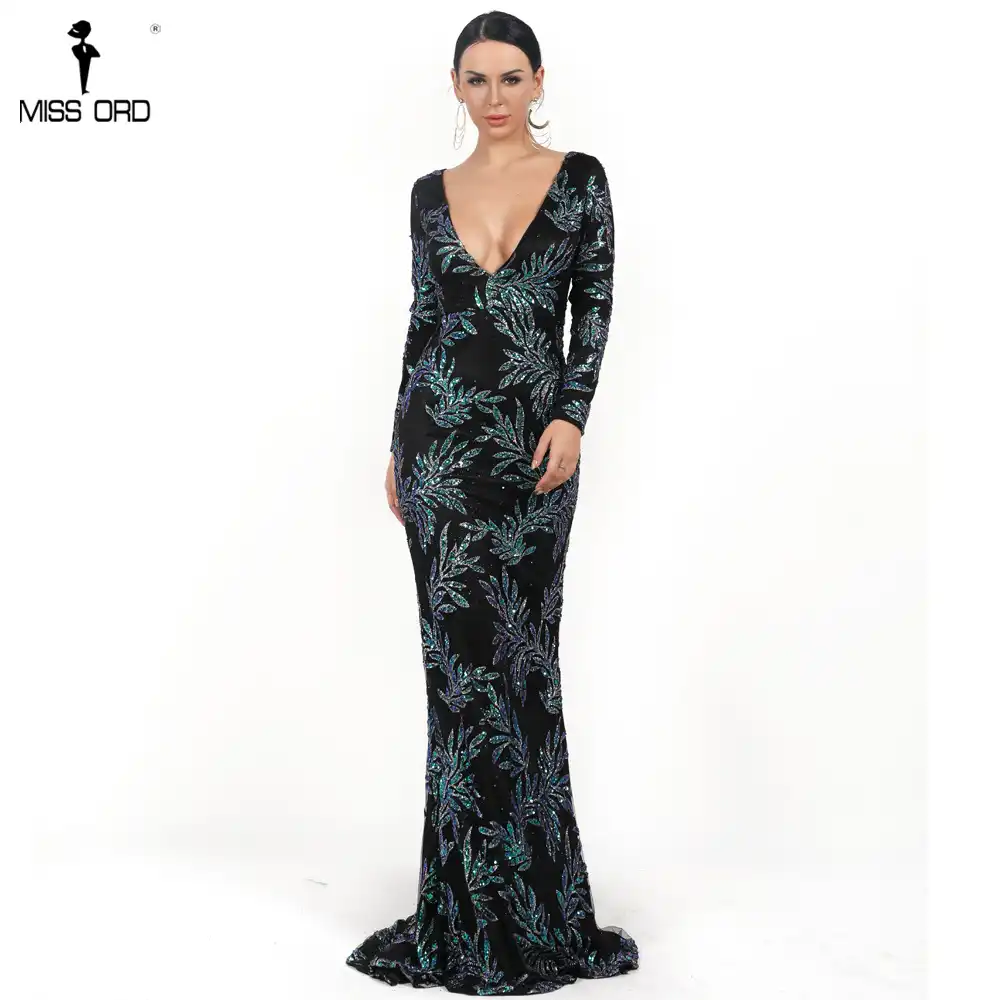long sleeve glitter print sheath gown